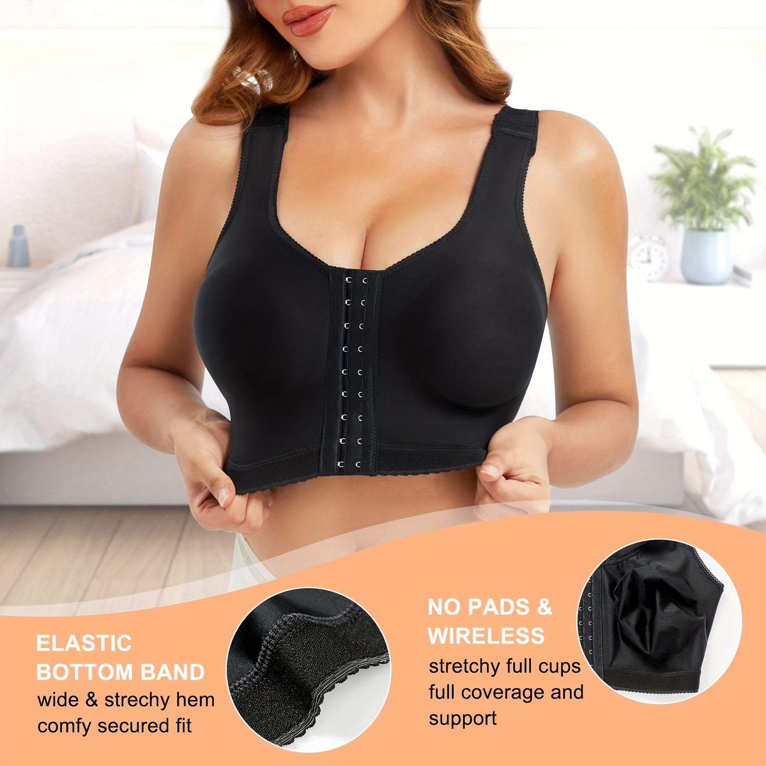 Front Buckle Wireless Bra, Adjustable Wide Strap Post-Surgical Support Bra, Women&