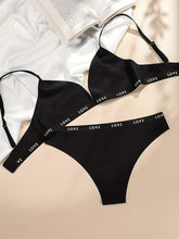 Letter Print Bra & Panties, Triangle Cups Plunge Bra & Seamless Panties Lingerie Set, Women&