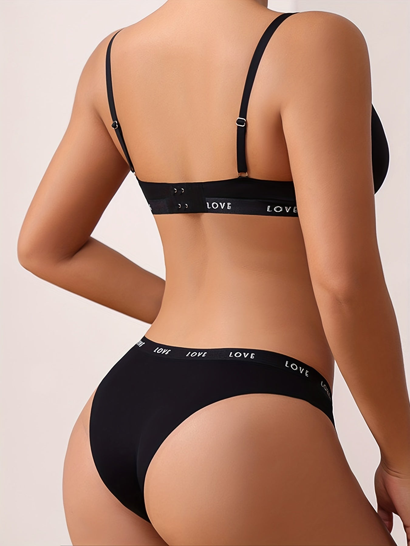 Letter Print Bra & Panties, Triangle Cups Plunge Bra & Seamless Panties Lingerie Set, Women&