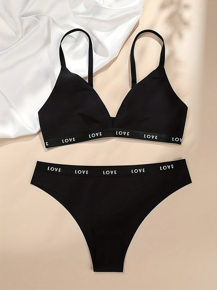 Letter Print Bra & Panties, Triangle Cups Plunge Bra & Seamless Panties Lingerie Set, Women&