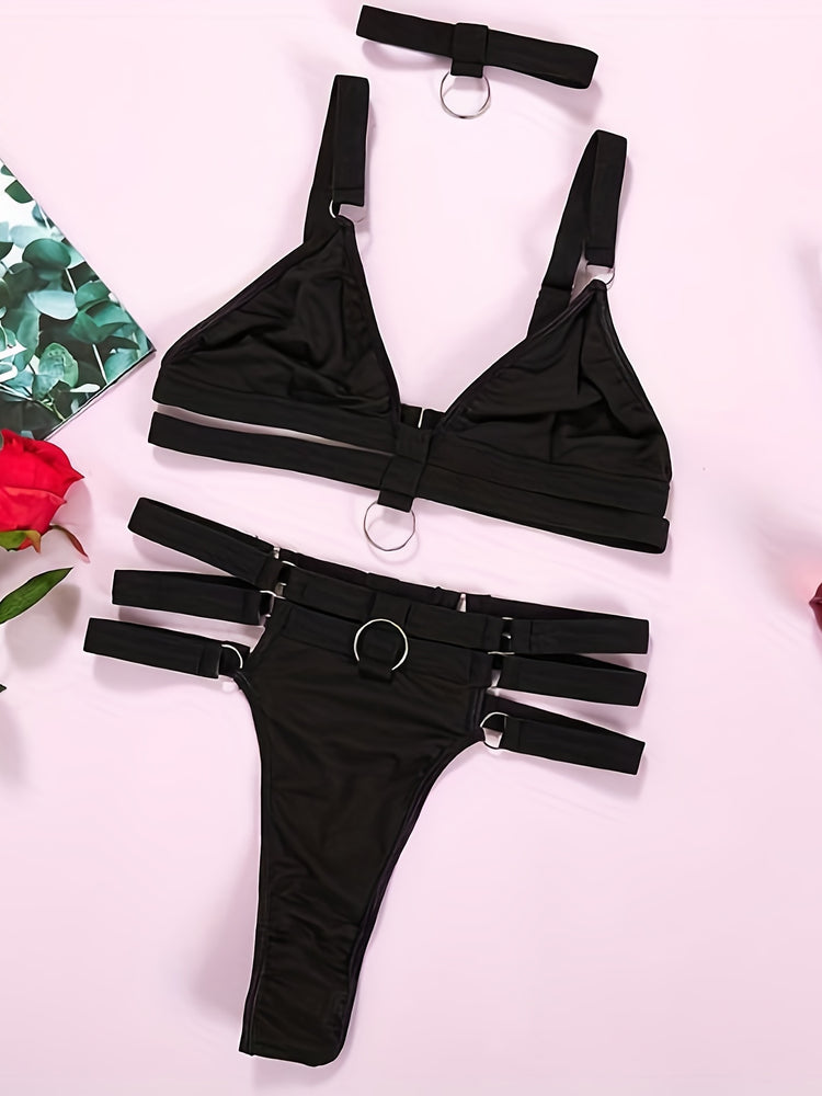 Ring Linked Bra & Panties, Cut Out Plunge Bra & Thong Panties Lingerie Set, Women&