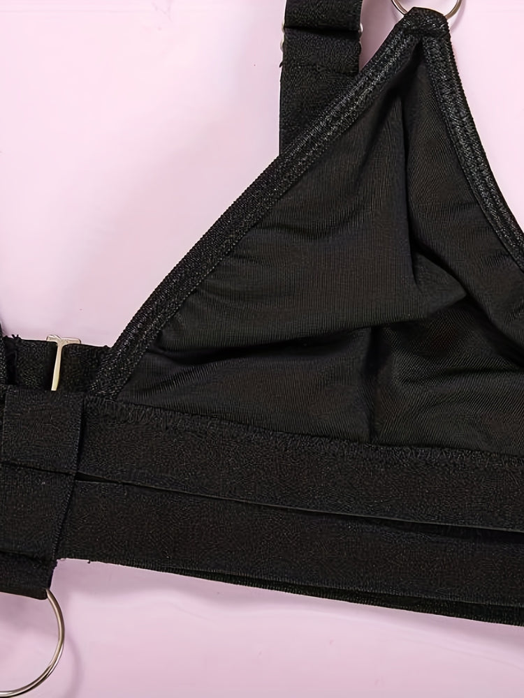 Ring Linked Bra & Panties, Cut Out Plunge Bra & Thong Panties Lingerie Set, Women&