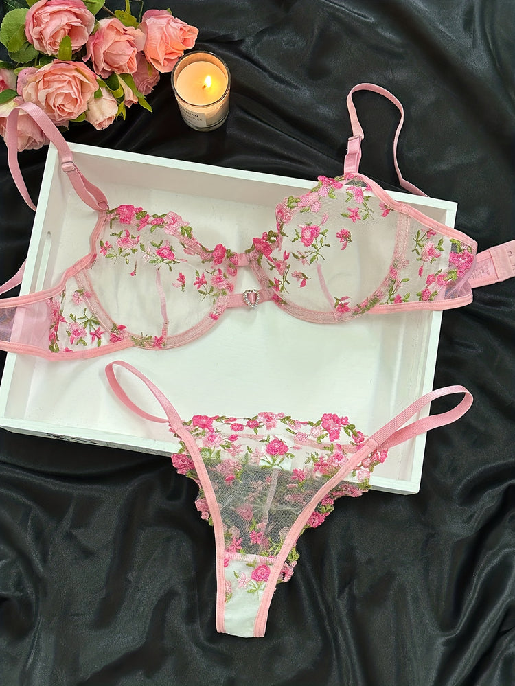 Romantic Floral Embroidered Lingerie Set - Seductive Hollow Out Unlined Bra & Ultra-Sheer Mesh Thong - Intimate Womens Sexy Underwear - Lena & Miles Exquisite Boutique LLC.