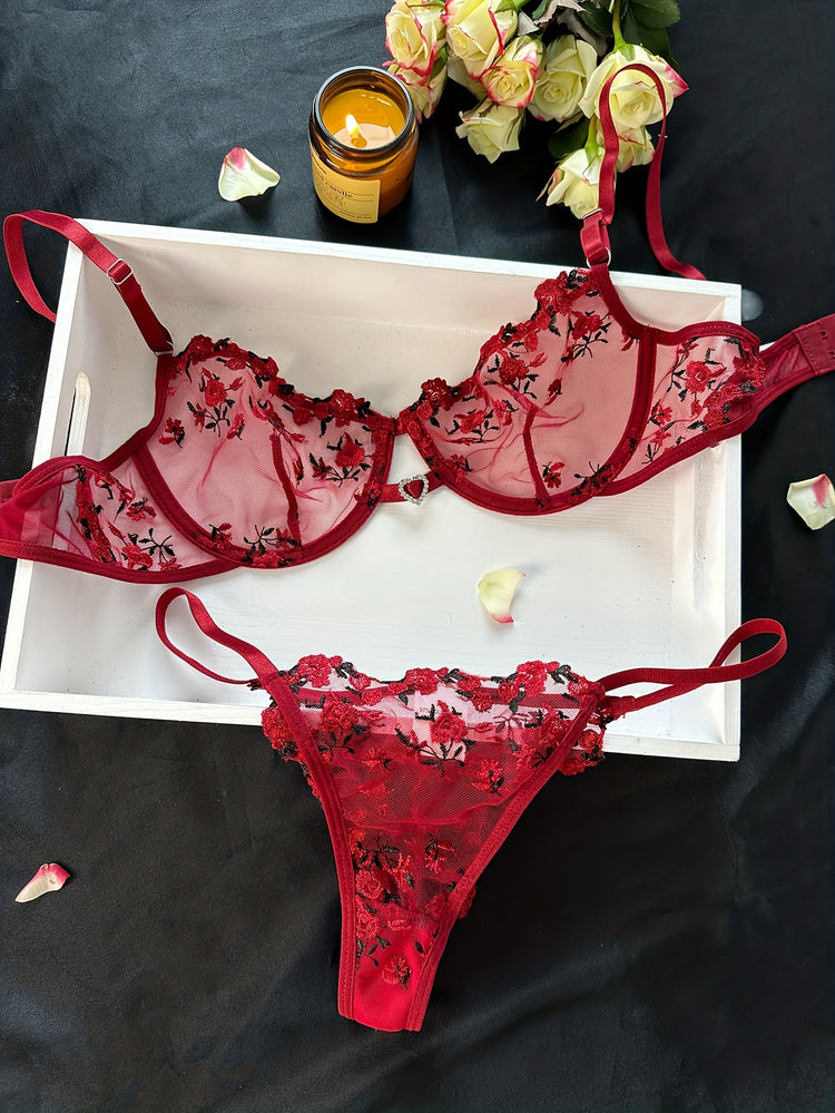 Romantic Floral Embroidered Lingerie Set - Seductive Hollow Out Unlined Bra & Ultra-Sheer Mesh Thong - Intimate Womens Sexy Underwear - Lena & Miles Exquisite Boutique LLC.