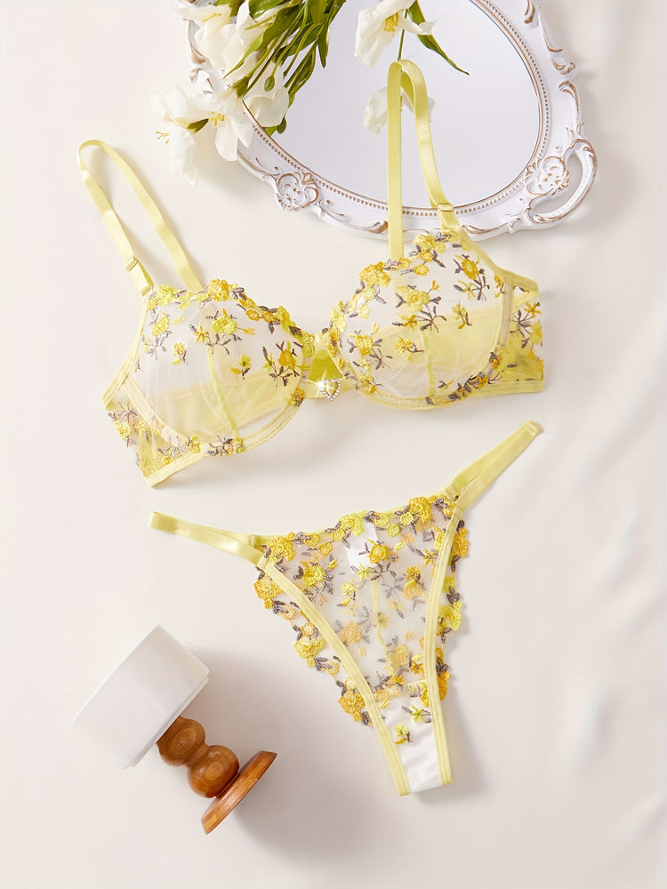 Romantic Floral Embroidered Lingerie Set - Seductive Hollow Out Unlined Bra & Ultra-Sheer Mesh Thong - Intimate Womens Sexy Underwear - Lena & Miles Exquisite Boutique LLC.