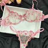 Romantic Floral Embroidered Lingerie Set - Seductive Hollow Out Unlined Bra & Ultra-Sheer Mesh Thong - Intimate Womens Sexy Underwear - Lena & Miles Exquisite Boutique LLC.