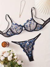 Romantic Floral Embroidered Lingerie Set - Seductive Hollow Out Unlined Bra & Ultra-Sheer Mesh Thong - Intimate Womens Sexy Underwear - Lena & Miles Exquisite Boutique LLC.