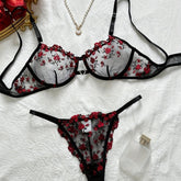 Romantic Floral Embroidered Lingerie Set - Seductive Hollow Out Unlined Bra & Ultra-Sheer Mesh Thong - Intimate Womens Sexy Underwear - Lena & Miles Exquisite Boutique LLC.