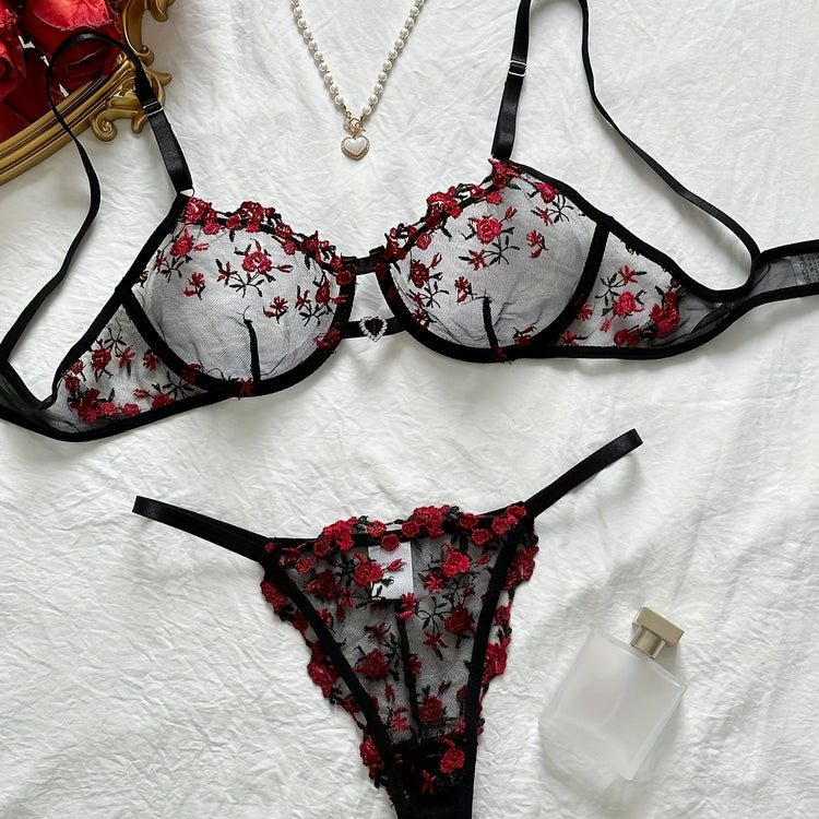 Romantic Floral Embroidered Lingerie Set - Seductive Hollow Out Unlined Bra & Ultra-Sheer Mesh Thong - Intimate Womens Sexy Underwear - Lena & Miles Exquisite Boutique LLC.