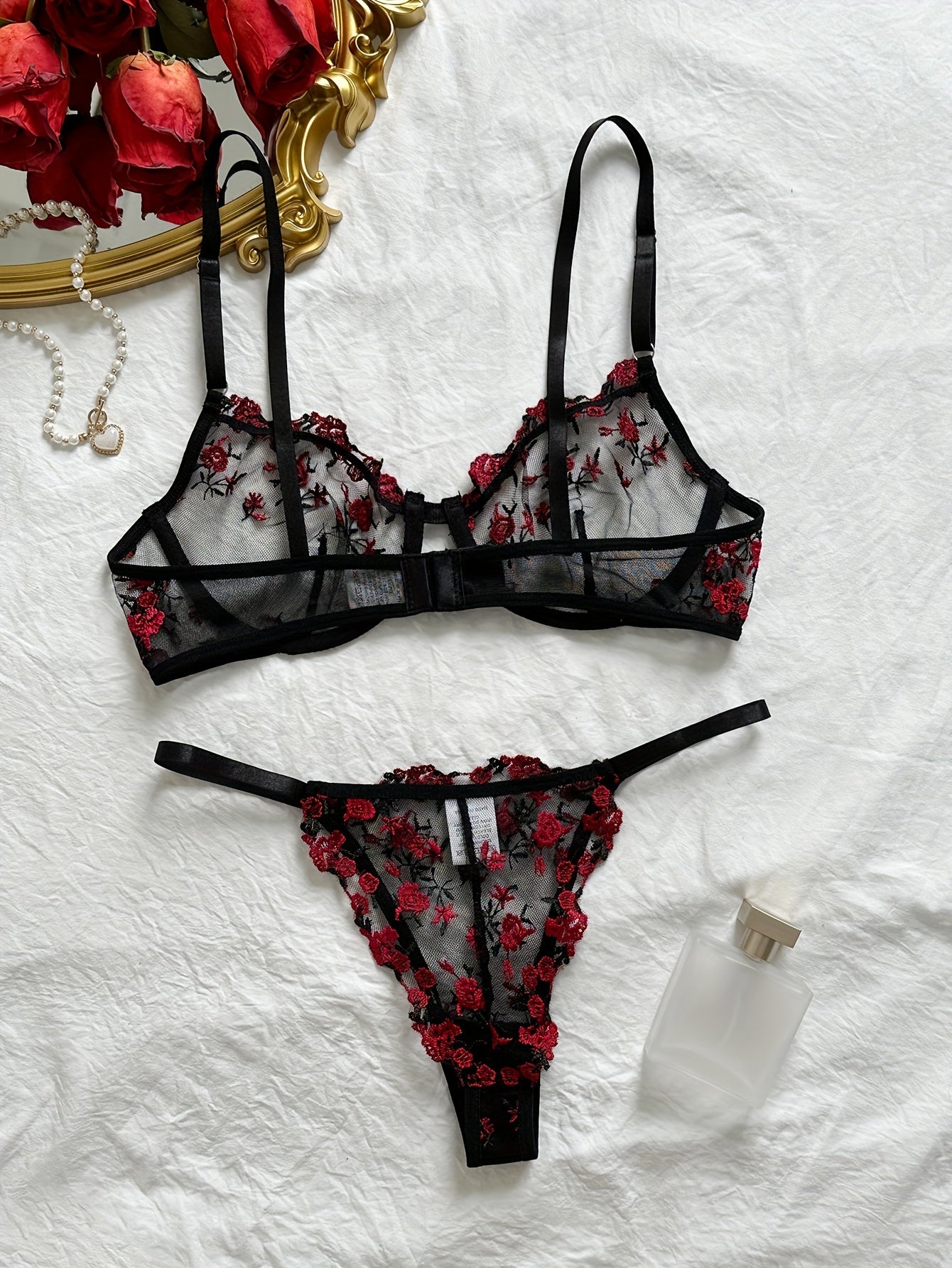 Romantic Floral Embroidered Lingerie Set - Seductive Hollow Out Unlined Bra & Ultra-Sheer Mesh Thong - Intimate Womens Sexy Underwear - Lena & Miles Exquisite Boutique LLC.