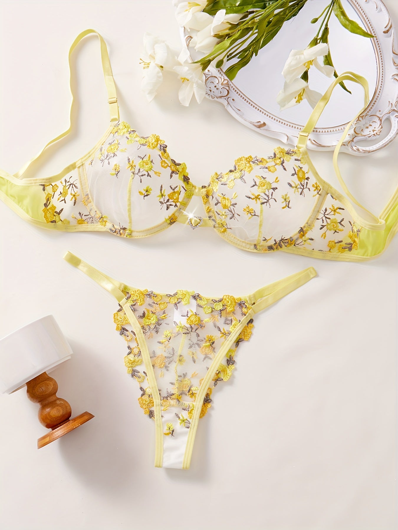 Romantic Floral Embroidered Lingerie Set - Seductive Hollow Out Unlined Bra & Ultra-Sheer Mesh Thong - Intimate Womens Sexy Underwear - Lena & Miles Exquisite Boutique LLC.