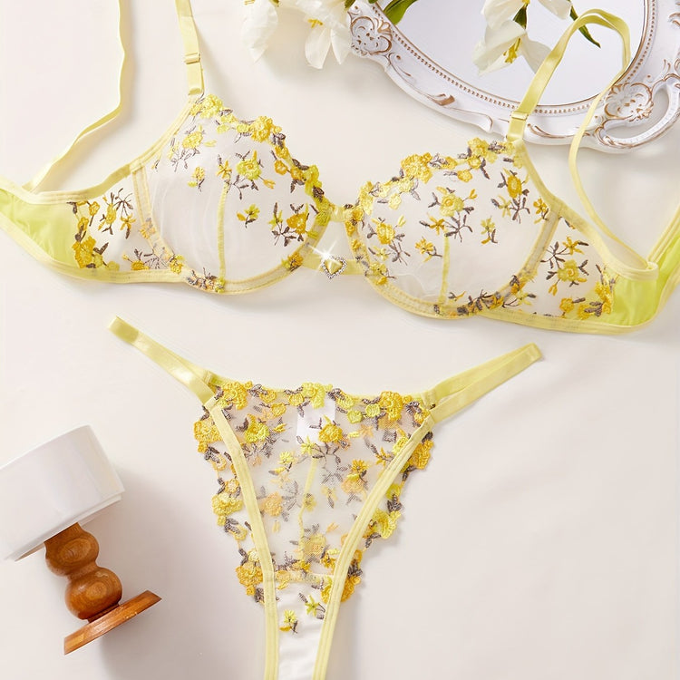 Romantic Floral Embroidered Lingerie Set - Seductive Hollow Out Unlined Bra & Ultra-Sheer Mesh Thong - Intimate Womens Sexy Underwear - Lena & Miles Exquisite Boutique LLC.