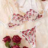 Romantic Floral Embroidered Lingerie Set - Seductive Hollow Out Unlined Bra & Ultra-Sheer Mesh Thong - Intimate Womens Sexy Underwear - Lena & Miles Exquisite Boutique LLC.