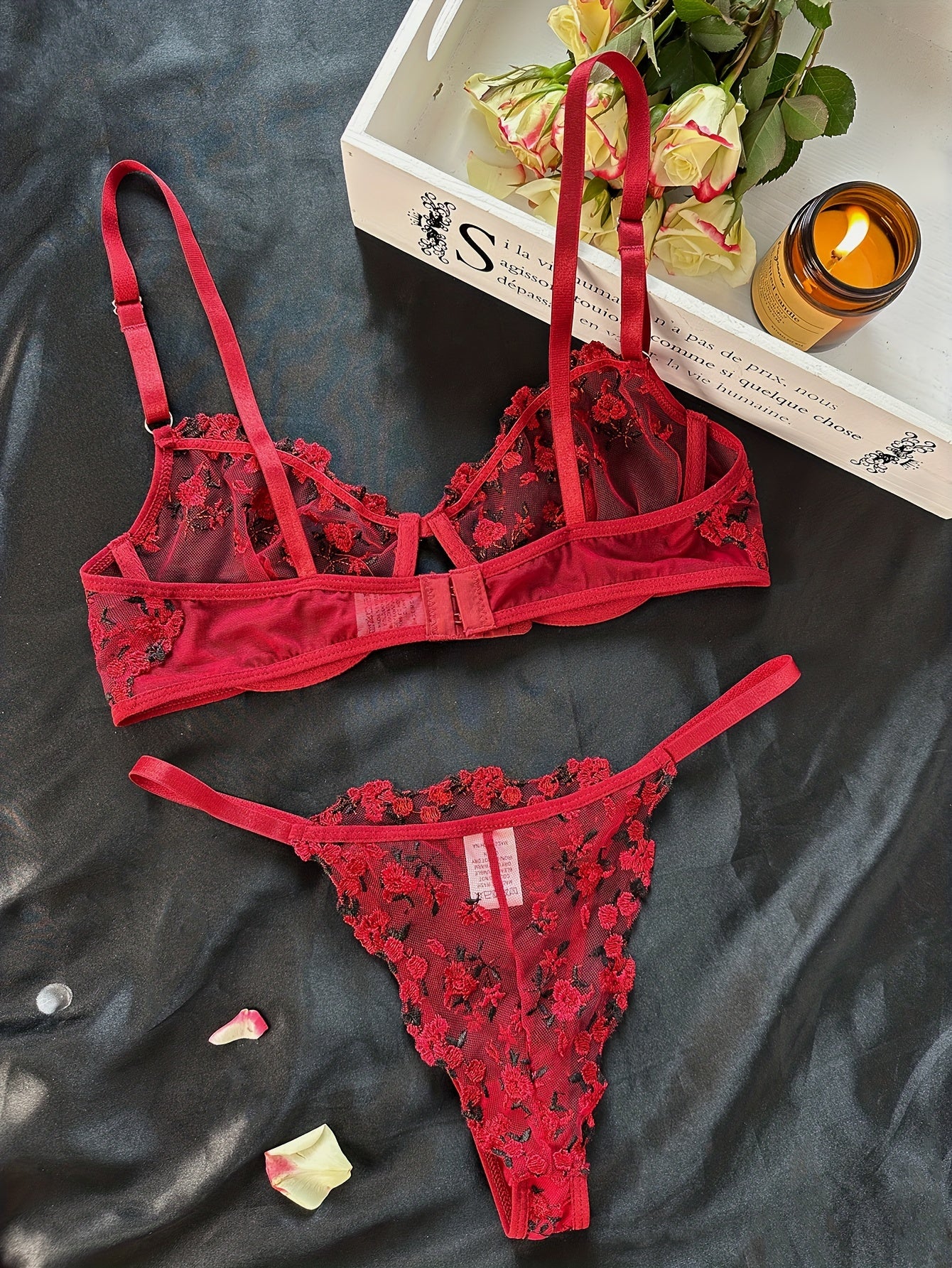 Romantic Floral Embroidered Lingerie Set - Seductive Hollow Out Unlined Bra & Ultra-Sheer Mesh Thong - Intimate Womens Sexy Underwear - Lena & Miles Exquisite Boutique LLC.