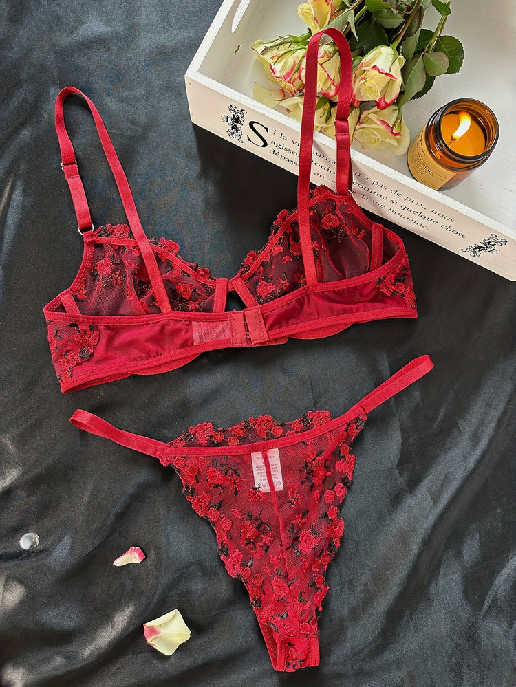 Romantic Floral Embroidered Lingerie Set - Seductive Hollow Out Unlined Bra & Ultra-Sheer Mesh Thong - Intimate Womens Sexy Underwear - Lena & Miles Exquisite Boutique LLC.