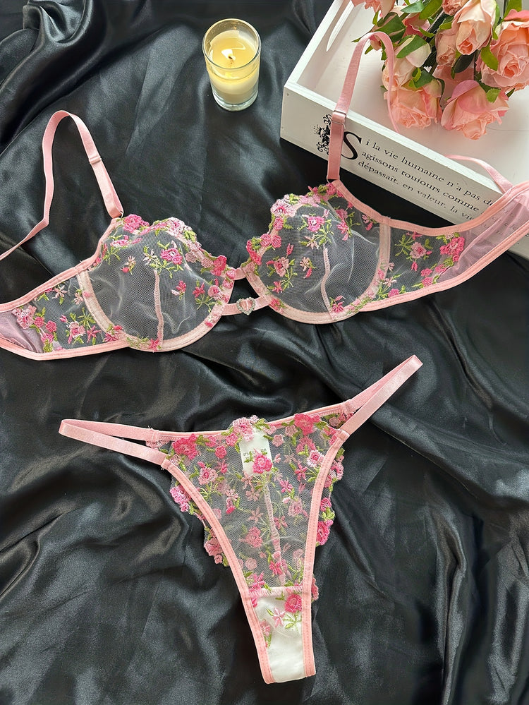Romantic Floral Embroidered Lingerie Set - Seductive Hollow Out Unlined Bra & Ultra-Sheer Mesh Thong - Intimate Womens Sexy Underwear - Lena & Miles Exquisite Boutique LLC.