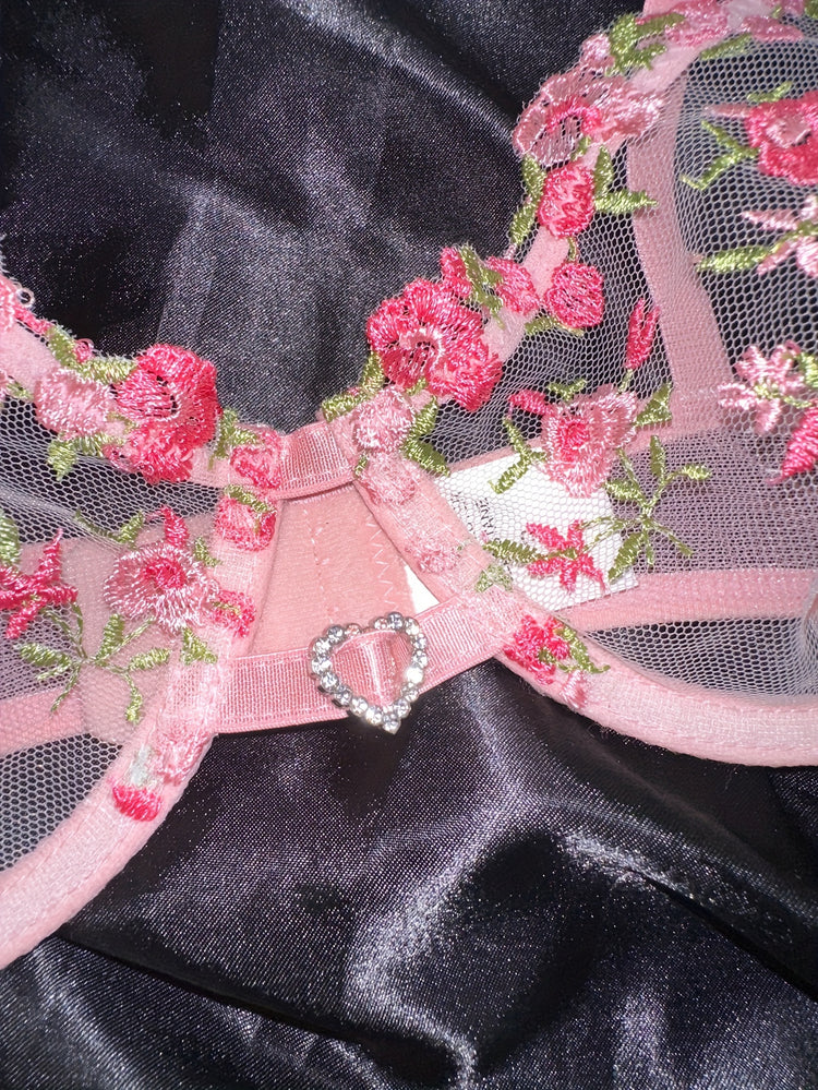 Romantic Floral Embroidered Lingerie Set - Seductive Hollow Out Unlined Bra & Ultra-Sheer Mesh Thong - Intimate Womens Sexy Underwear - Lena & Miles Exquisite Boutique LLC.