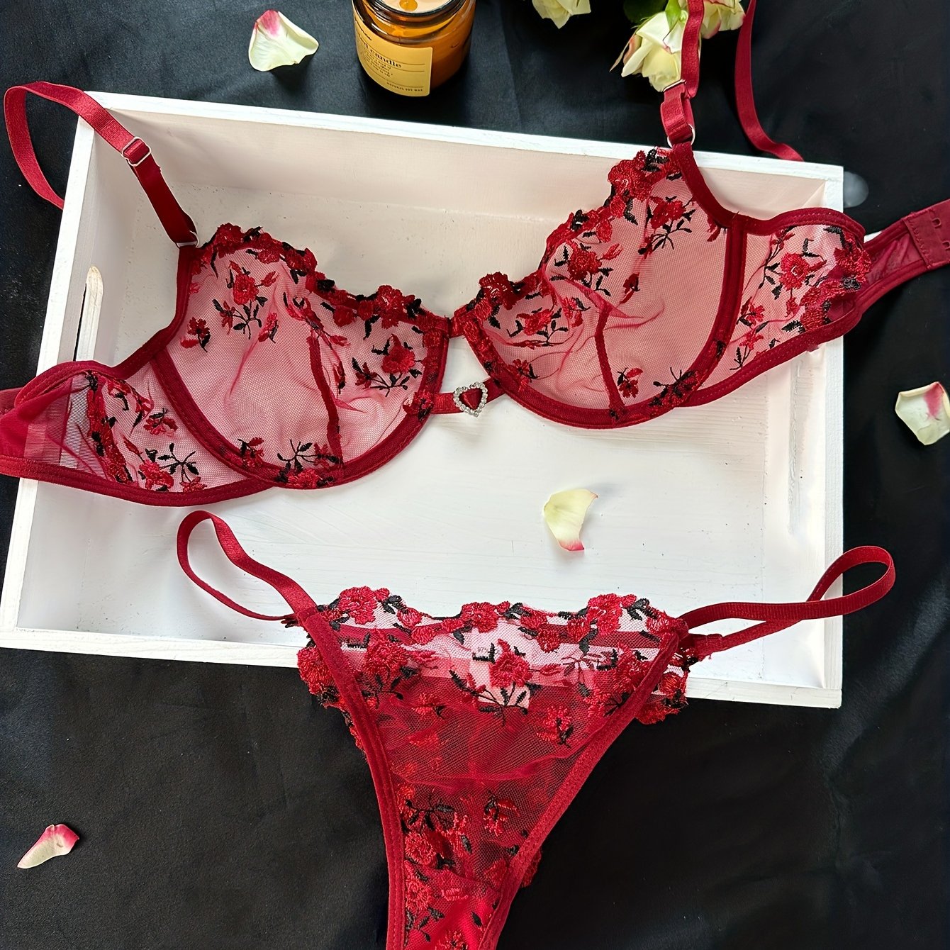 Romantic Floral Embroidered Lingerie Set - Seductive Hollow Out Unlined Bra & Ultra-Sheer Mesh Thong - Intimate Womens Sexy Underwear - Lena & Miles Exquisite Boutique LLC.