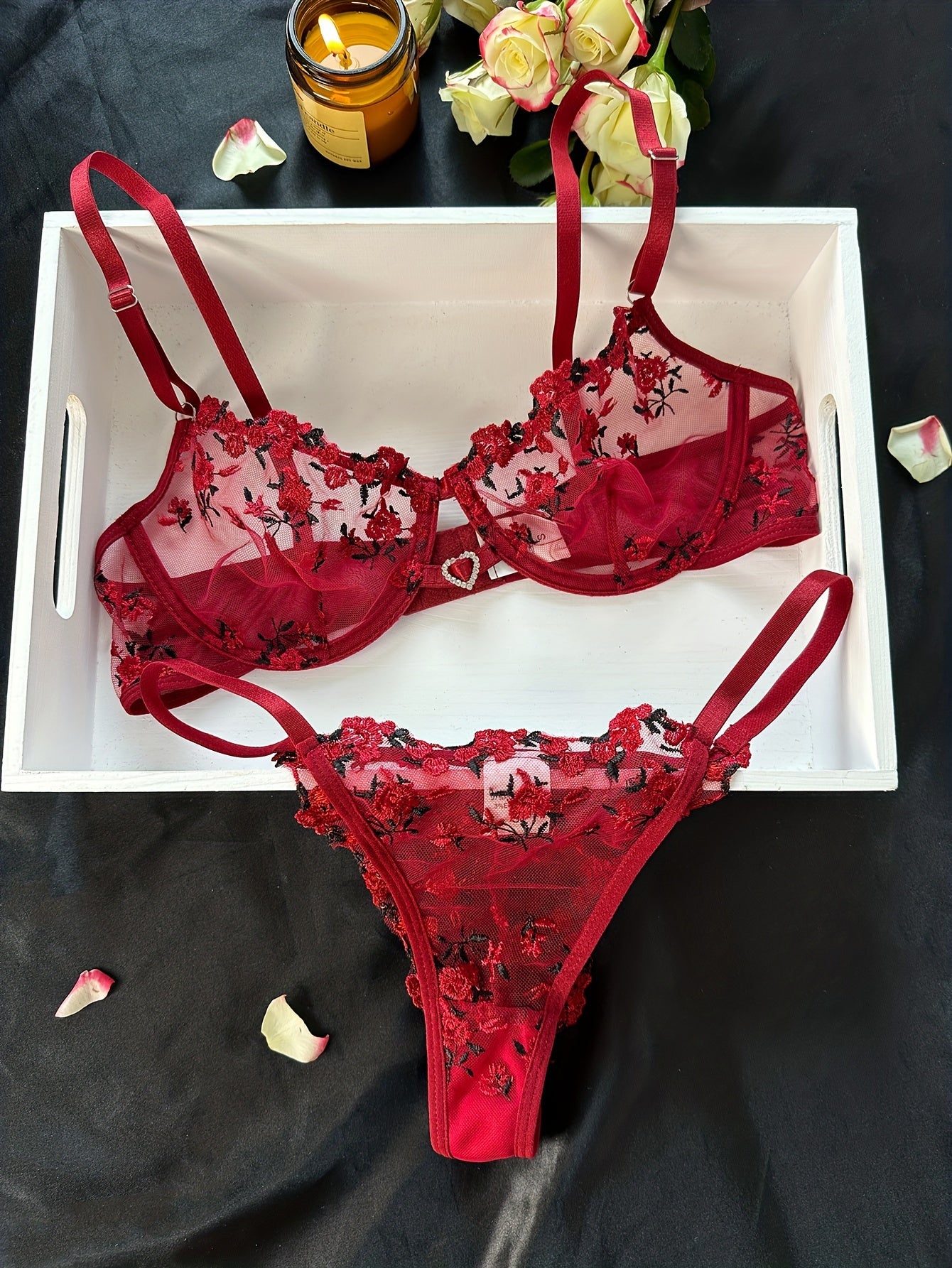 Romantic Floral Embroidered Lingerie Set - Seductive Hollow Out Unlined Bra & Ultra-Sheer Mesh Thong - Intimate Womens Sexy Underwear - Lena & Miles Exquisite Boutique LLC.