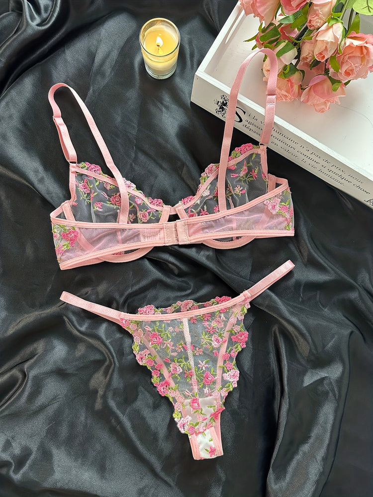 Romantic Floral Embroidered Lingerie Set - Seductive Hollow Out Unlined Bra & Ultra-Sheer Mesh Thong - Intimate Womens Sexy Underwear - Lena & Miles Exquisite Boutique LLC.