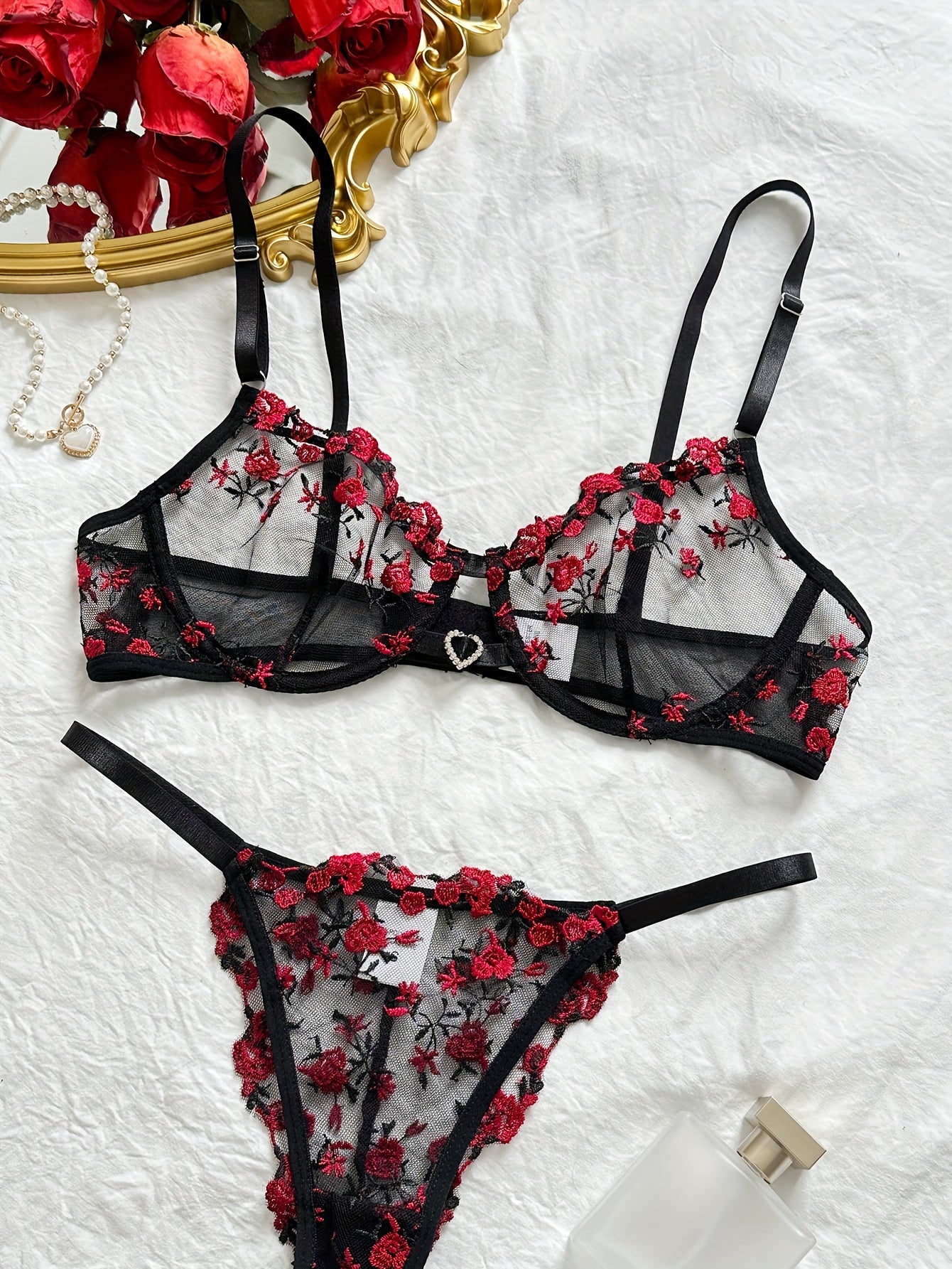 Romantic Floral Embroidered Lingerie Set - Seductive Hollow Out Unlined Bra & Ultra-Sheer Mesh Thong - Intimate Womens Sexy Underwear - Lena & Miles Exquisite Boutique LLC.