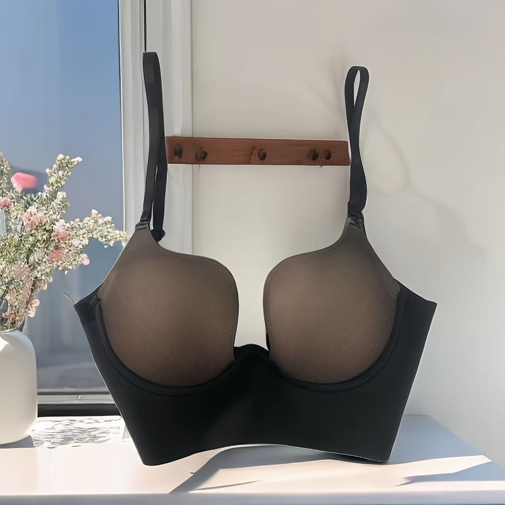 Simple Solid Scoop Bra, Comfy & Breathable Push Up Bra, Women&