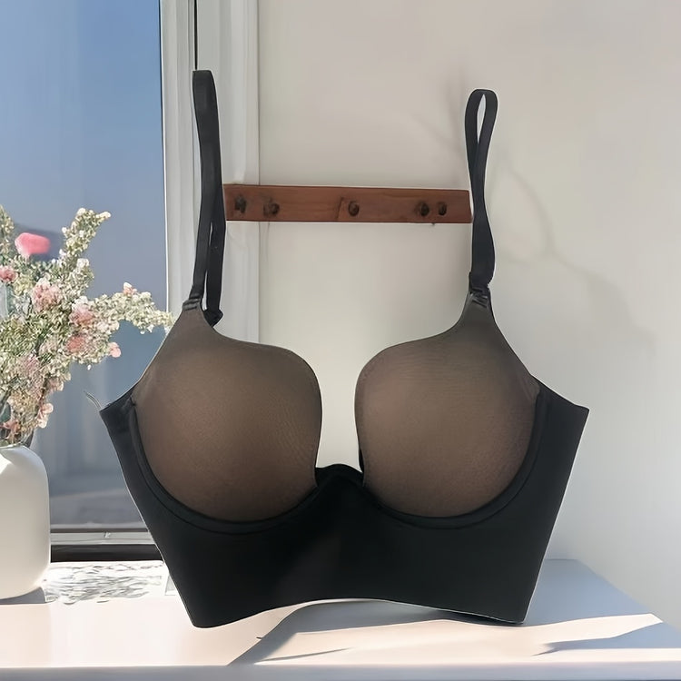 Simple Solid Scoop Bra, Comfy & Breathable Push Up Bra, Women&