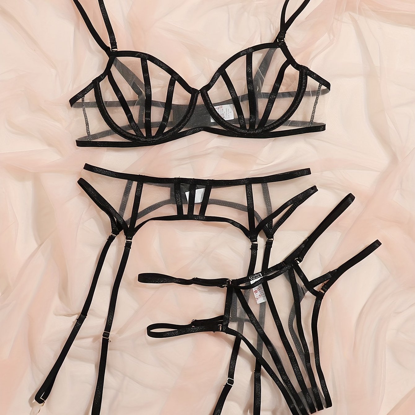 Sultry Mesh Lingerie Set - Sheer Bra, Double Ribbon Thong, Garter Belt, and Stockings - Women&