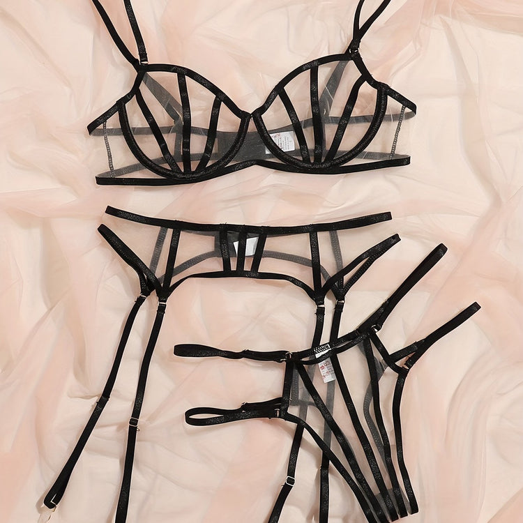 Sultry Mesh Lingerie Set - Sheer Bra, Double Ribbon Thong, Garter Belt, and Stockings - Women&