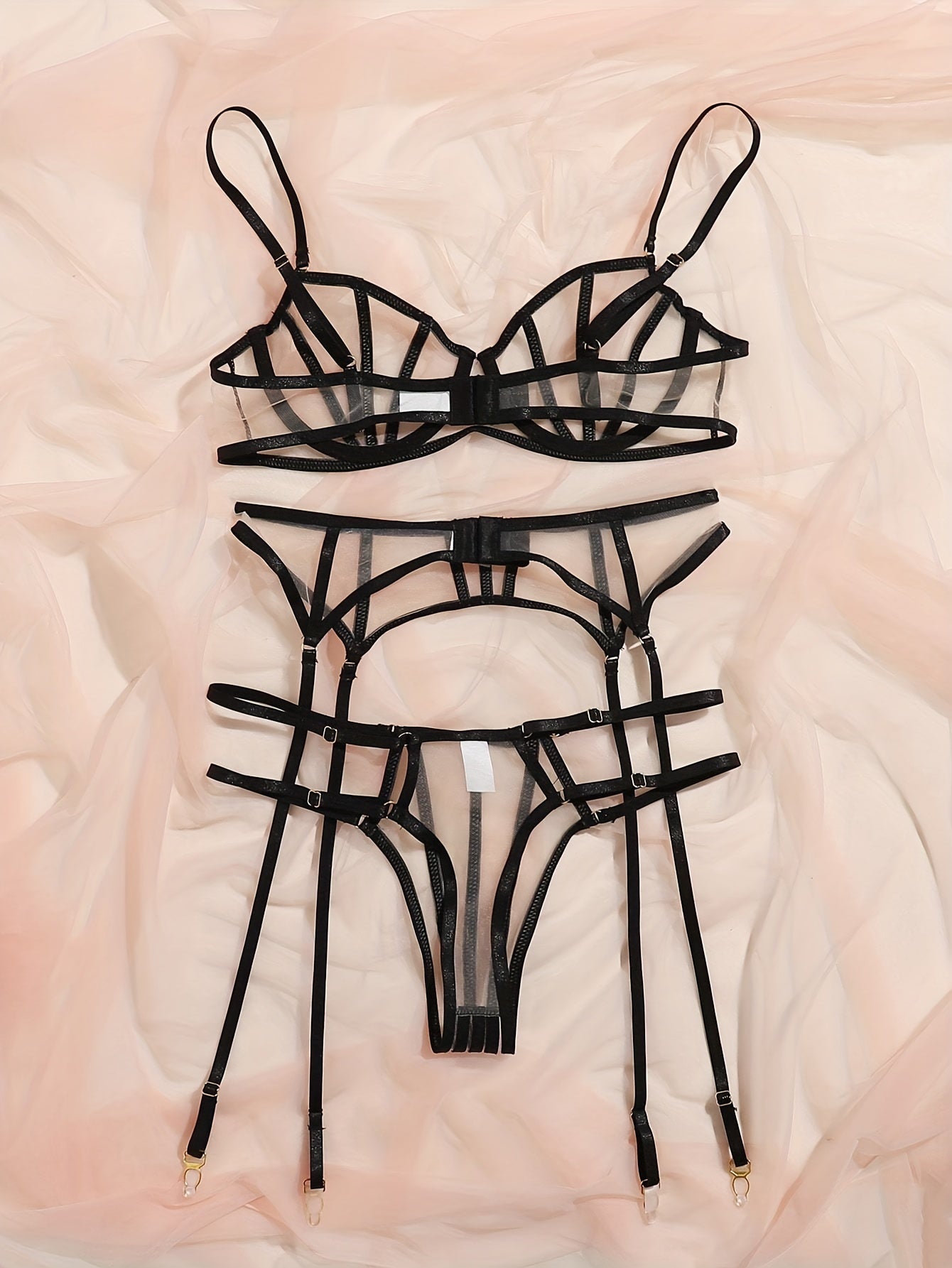 Sultry Mesh Lingerie Set - Sheer Bra, Double Ribbon Thong, Garter Belt, and Stockings - Women&