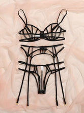 Sultry Mesh Lingerie Set - Sheer Bra, Double Ribbon Thong, Garter Belt, and Stockings - Women&