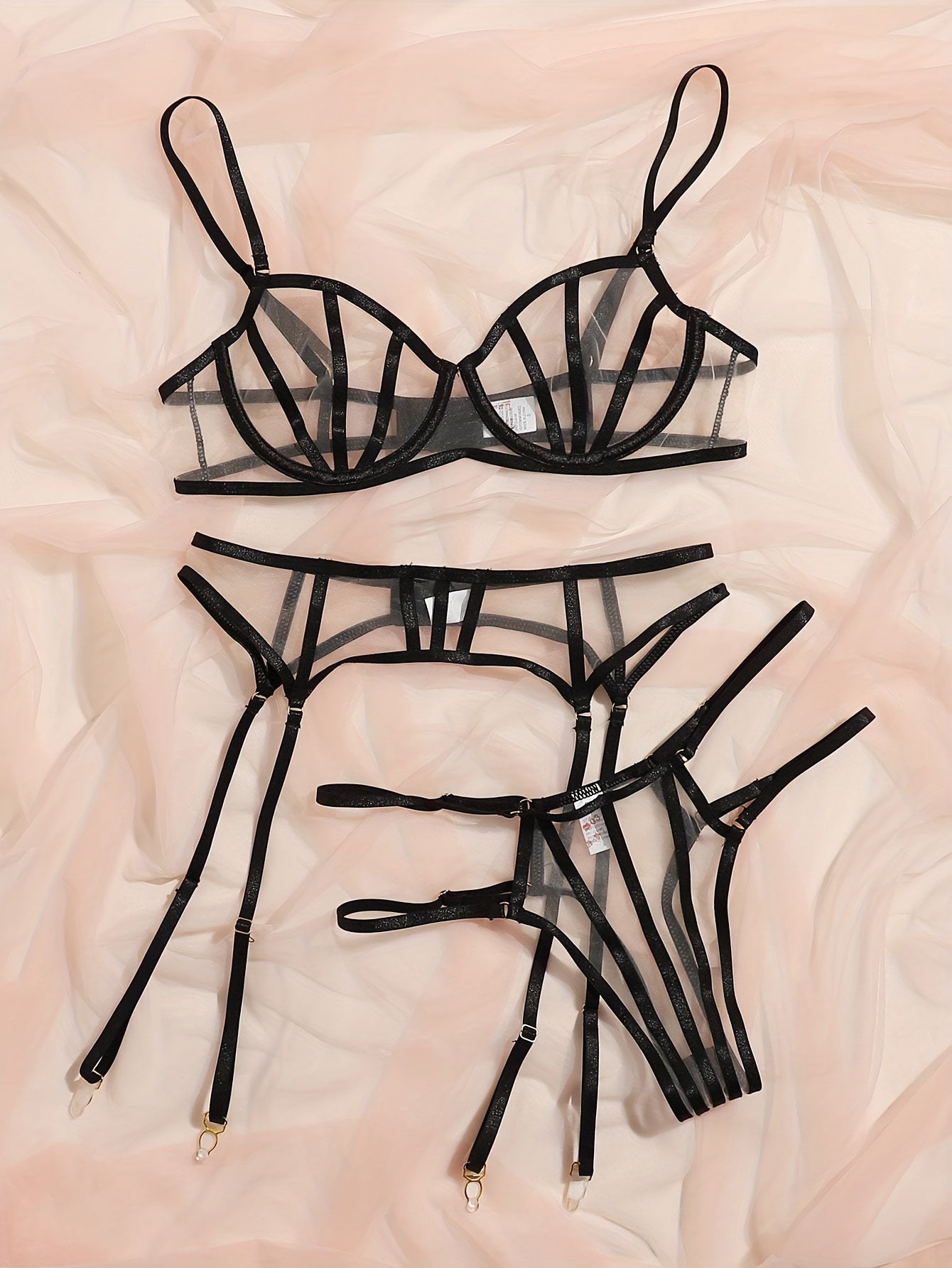 Sultry Mesh Lingerie Set - Sheer Bra, Double Ribbon Thong, Garter Belt, and Stockings - Women&