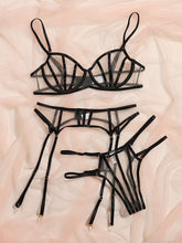 Sultry Mesh Lingerie Set - Sheer Bra, Double Ribbon Thong, Garter Belt, and Stockings - Women&