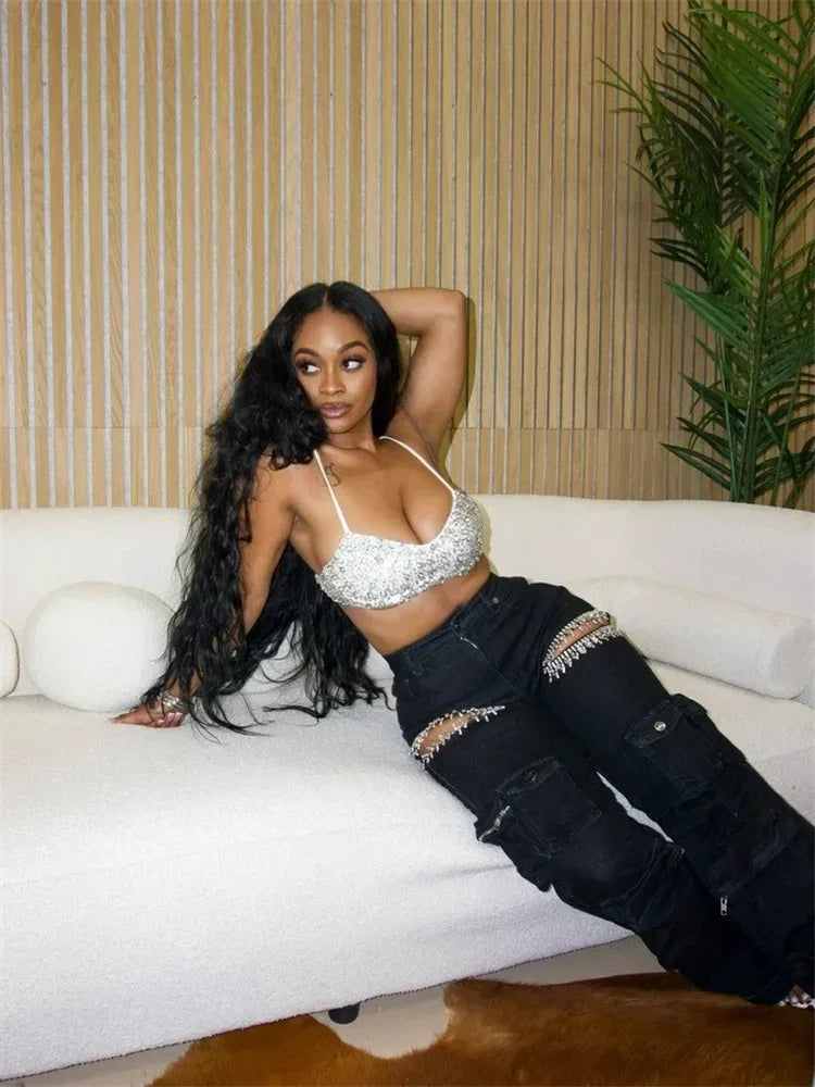 Wmstar 2024 Autumn Style Personalized Women Pants with Tassel Diamond Pieces Mid Waist Straight Leg Jeans Wholesale Dropshipping - Lena & Miles Exquisite Boutique LLC.