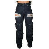 Wmstar 2024 Autumn Style Personalized Women Pants with Tassel Diamond Pieces Mid Waist Straight Leg Jeans Wholesale Dropshipping - Lena & Miles Exquisite Boutique LLC.