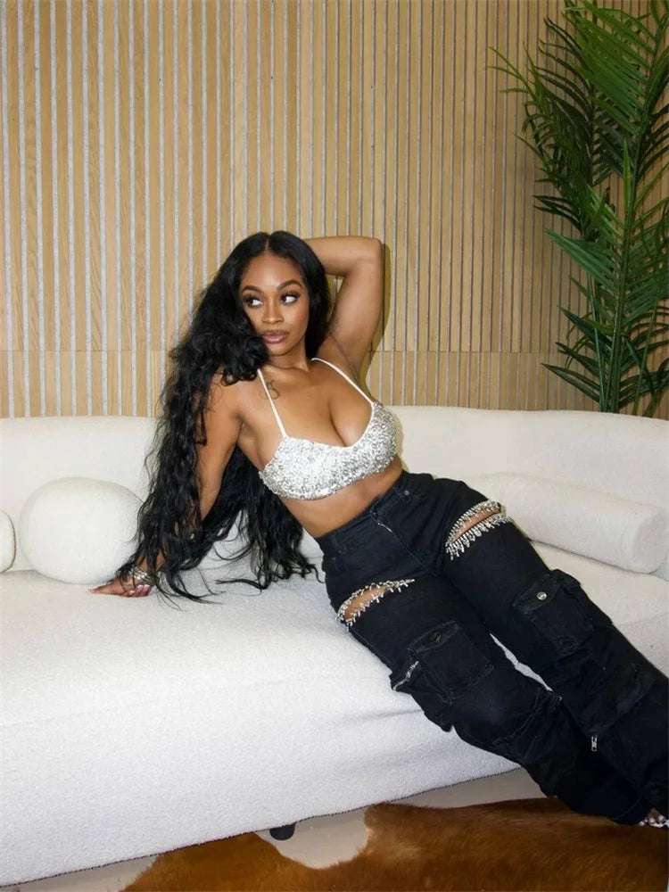 Wmstar 2024 Autumn Style Personalized Women Pants with Tassel Diamond Pieces Mid Waist Straight Leg Jeans Wholesale Dropshipping - Lena & Miles Exquisite Boutique LLC.