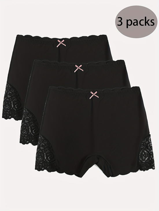 3pcs Contrast Lace Boyshort Panties, Seamless Scallop Trim Bow Tie Panties, Women&