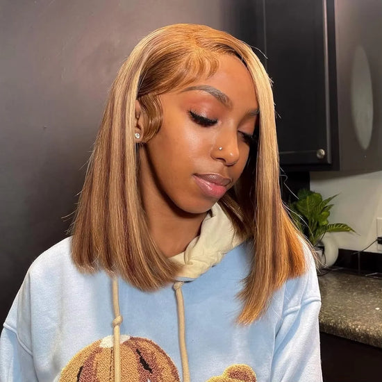 200% 16 Inch Highlight Short Bob Wigs 13X6 Straight Hd Lace Front Ombre Brown Frontal Glueless Bob Wig Human Hair Ready to Wear - Lena & Miles Exquisite Boutique LLC.