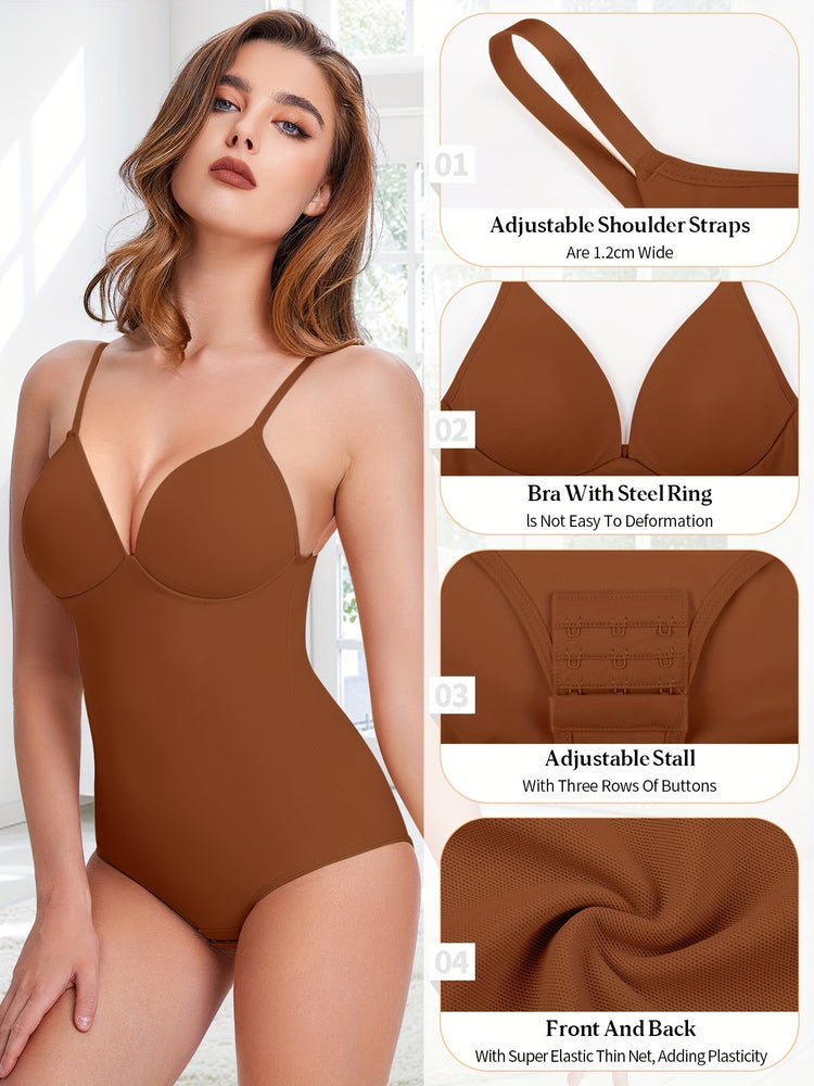 Shapewear Bodysuit Tummy Control Women Slimming Body Shaper Deep V-Neck Body Suits with Built in Bra - Lena & Miles Exquisite Boutique LLC.