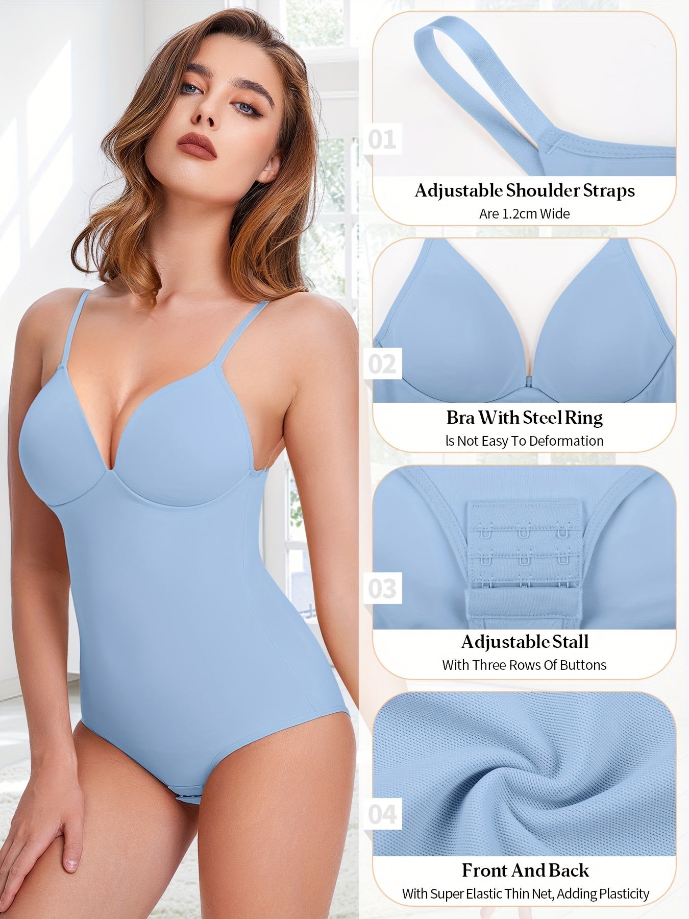 Shapewear Bodysuit Tummy Control Women Slimming Body Shaper Deep V-Neck Body Suits with Built in Bra - Lena & Miles Exquisite Boutique LLC.