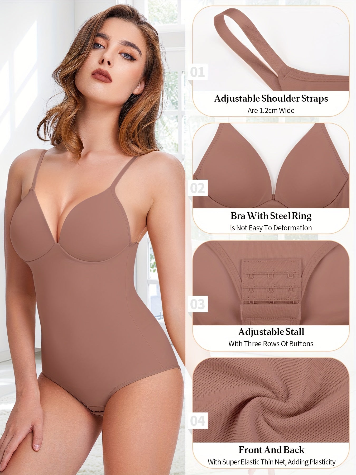 Shapewear Bodysuit Tummy Control Women Slimming Body Shaper Deep V-Neck Body Suits with Built in Bra - Lena & Miles Exquisite Boutique LLC.