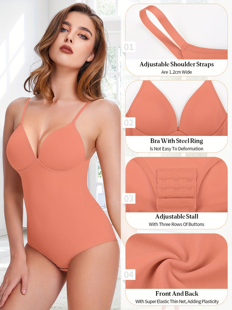 Shapewear Bodysuit Tummy Control Women Slimming Body Shaper Deep V-Neck Body Suits with Built in Bra - Lena & Miles Exquisite Boutique LLC.