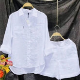 Summer Cotton Linen Casual Home 2 Piece Set For Women 2024 Fashion White Long Sleeve Shirt And Shorts Two Piece Sets Tracksuit - Lena & Miles Exquisite Boutique LLC.