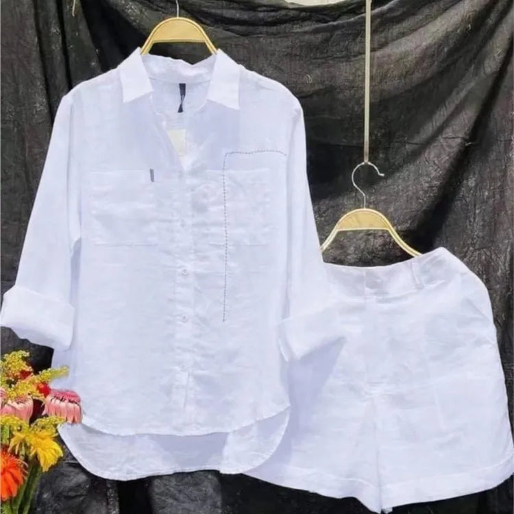 Summer Cotton Linen Casual Home 2 Piece Set For Women 2024 Fashion White Long Sleeve Shirt And Shorts Two Piece Sets Tracksuit - Lena & Miles Exquisite Boutique LLC.