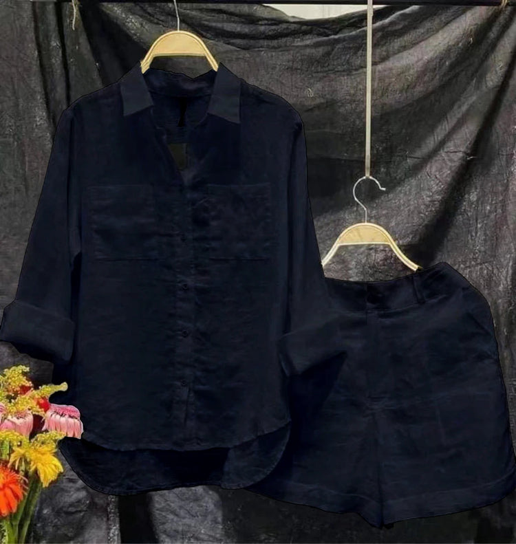 Summer Cotton Linen Casual Home 2 Piece Set For Women 2024 Fashion White Long Sleeve Shirt And Shorts Two Piece Sets Tracksuit - Lena & Miles Exquisite Boutique LLC.