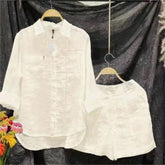 Summer Cotton Linen Casual Home 2 Piece Set For Women 2024 Fashion White Long Sleeve Shirt And Shorts Two Piece Sets Tracksuit - Lena & Miles Exquisite Boutique LLC.