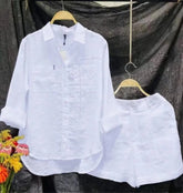 Summer Cotton Linen Casual Home 2 Piece Set For Women 2024 Fashion White Long Sleeve Shirt And Shorts Two Piece Sets Tracksuit - Lena & Miles Exquisite Boutique LLC.