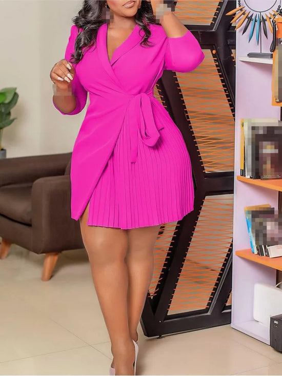 Women  Solid Plus Size Folds Dress Neck Pleated Blazer Style Dress Office Vintage Sexy Lady Belt Party Tight Curvy Short Dress - Lena & Miles Exquisite Boutique LLC.