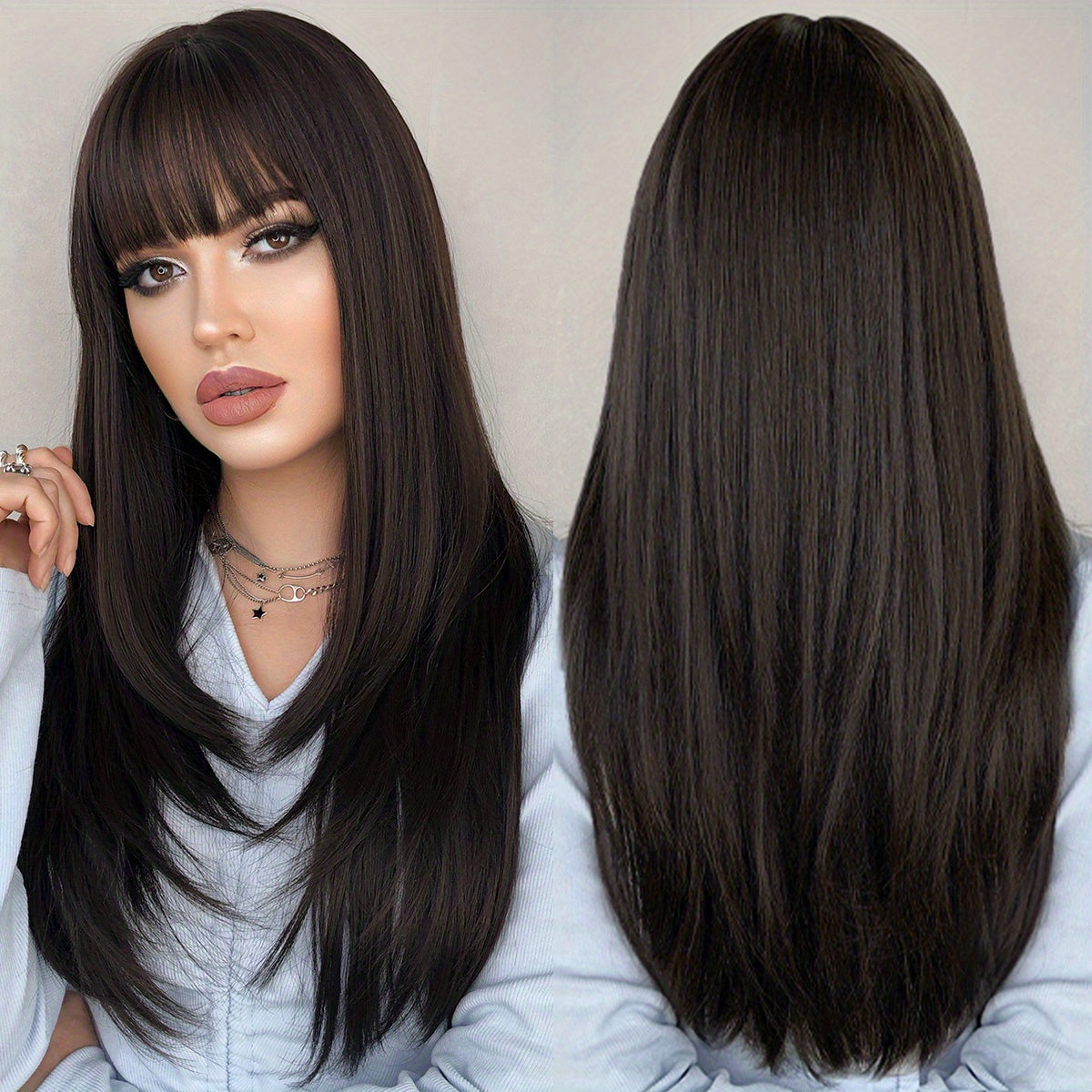 Long Straight Brown Wig For Women Daily Cosplay Use Natural Synthetic Layer Wigs With Bangs Heat Resistant High Quality - Lena & Miles Exquisite Boutique LLC.
