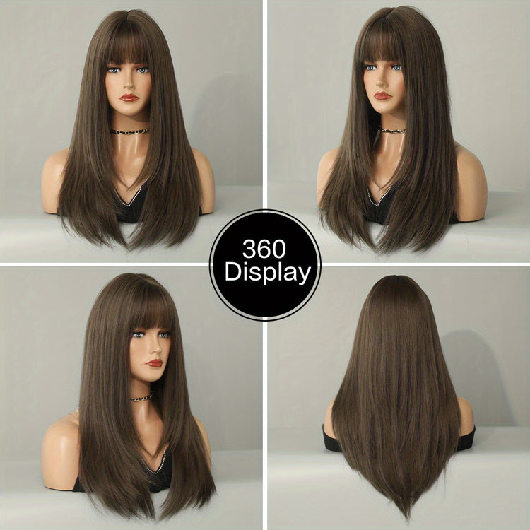 Long Straight Brown Wig For Women Daily Cosplay Use Natural Synthetic Layer Wigs With Bangs Heat Resistant High Quality - Lena & Miles Exquisite Boutique LLC.